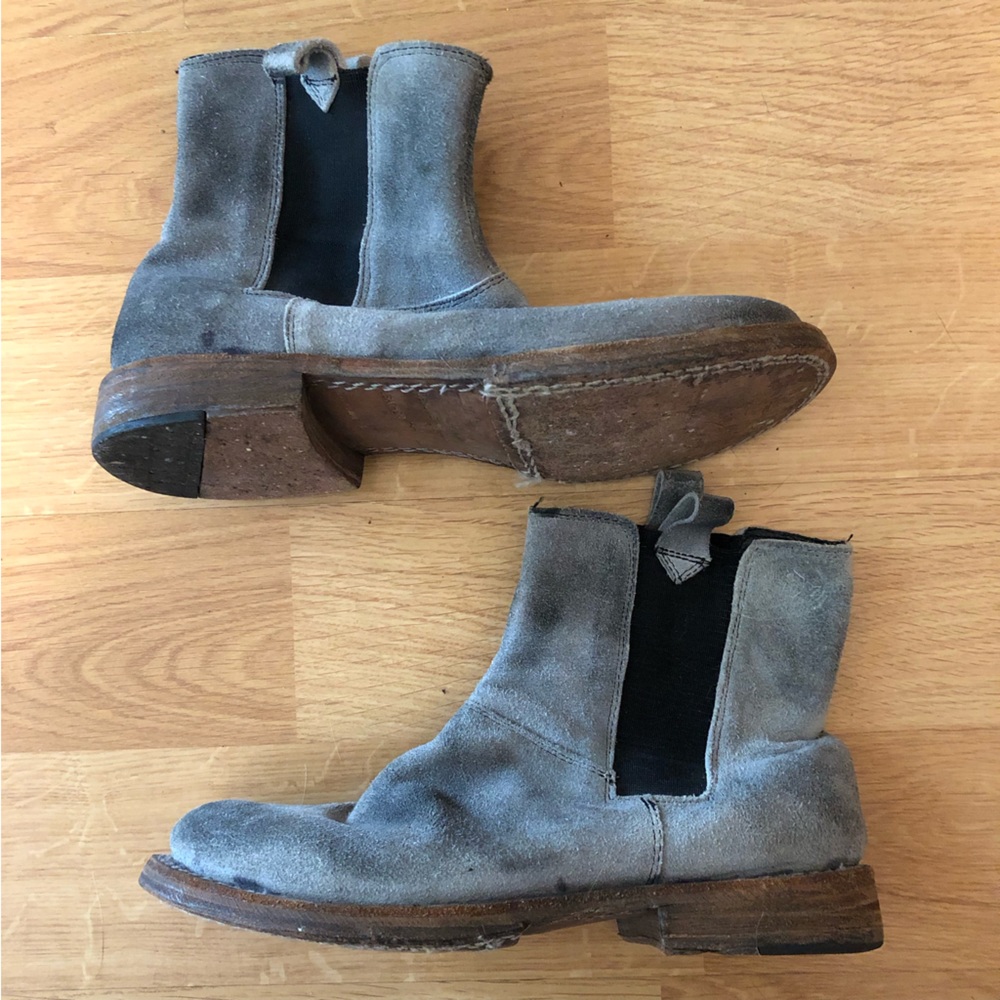 Gray suede Bed Stu slide on ankle boots
